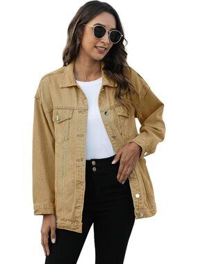 Women's Khaki Oversized Denim Mid Long Casual Jacket Fall Trendy with Pockets